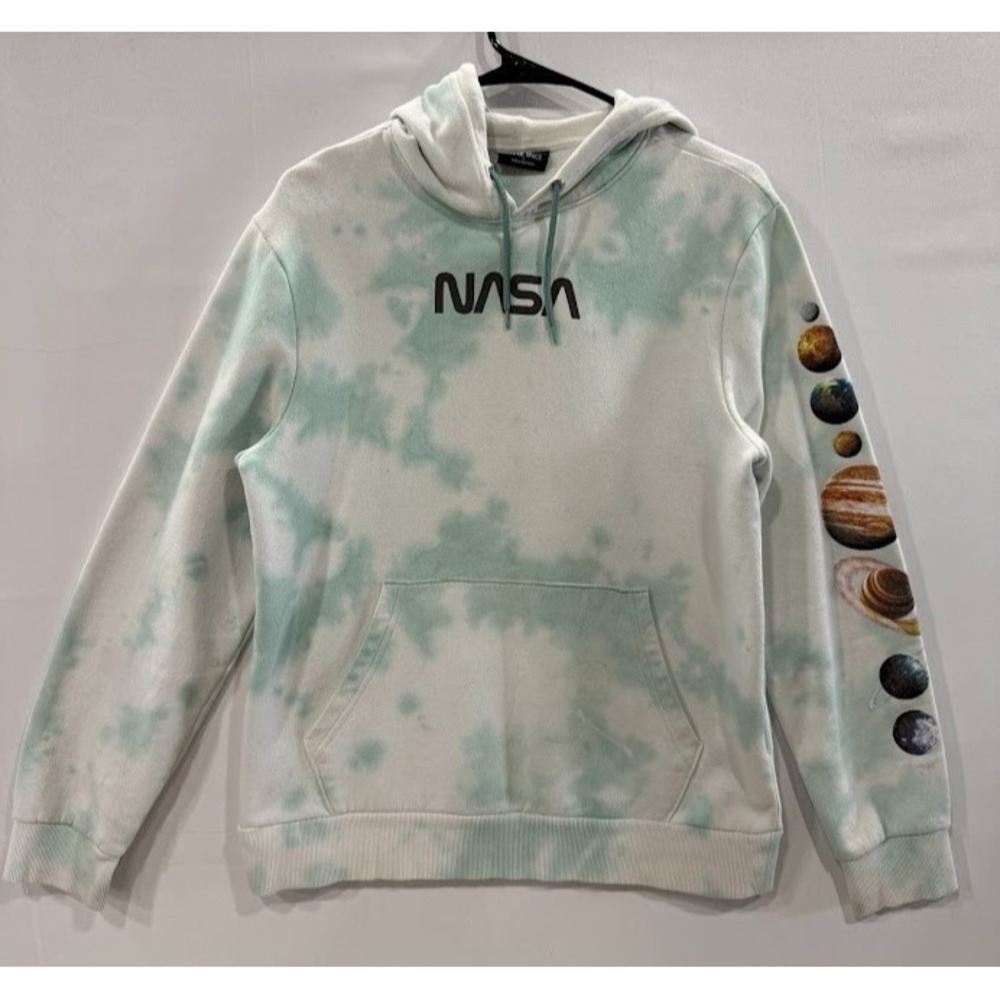 NASA Hyper Space Mens Green White Sweatshirt Hoodie Size Small Planets On Sleeve